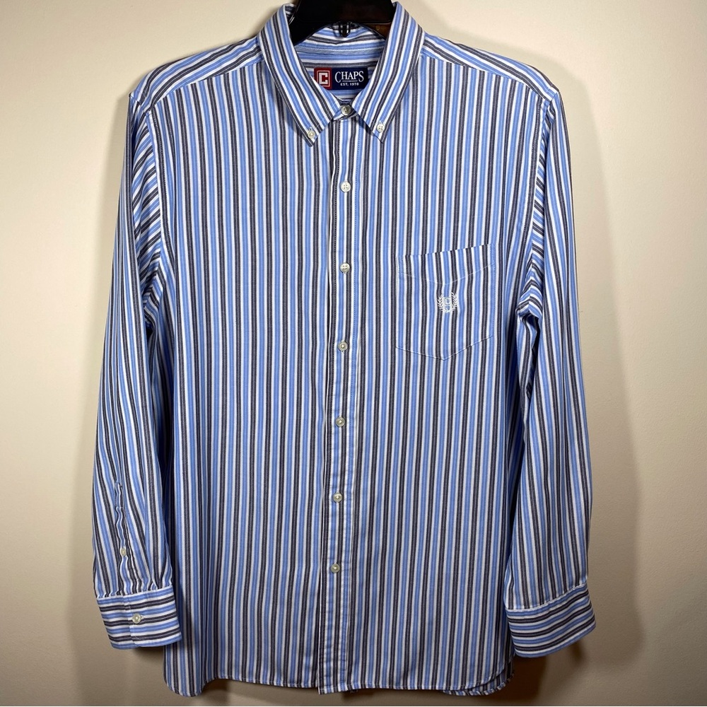 Chaps Striped Shirt Long Sleeve Button Down Blue Gray Soft Lightweight Office XL